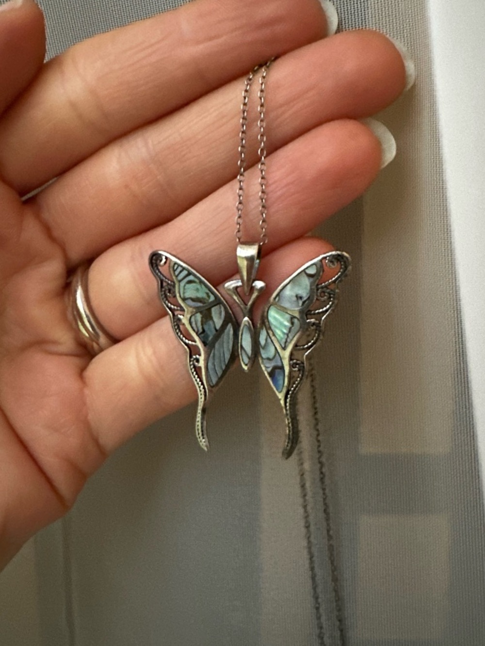 Butterfly Abalone Pearl Inlay Sterling Silver Pendant Necklace - Sterling Chain